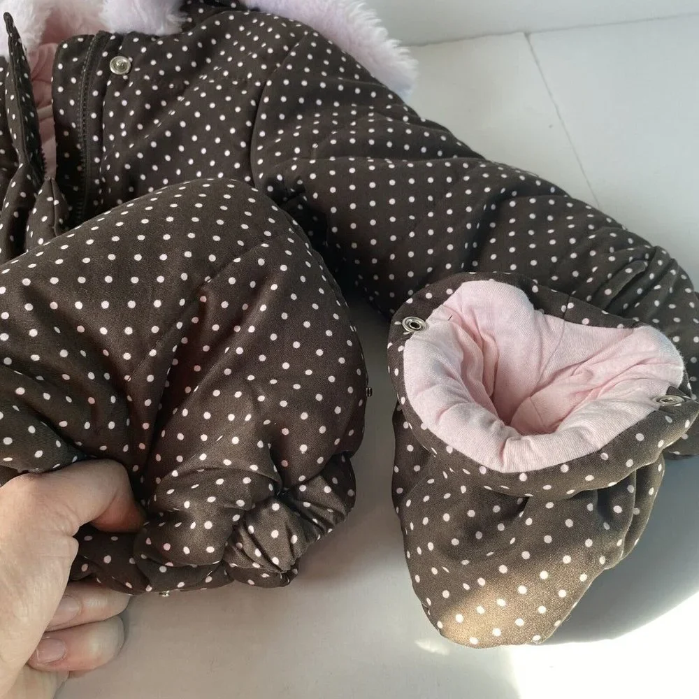 First Impressions‎ one piece polka dot snowsuit hooded fauxfur pink/brown 6-9m